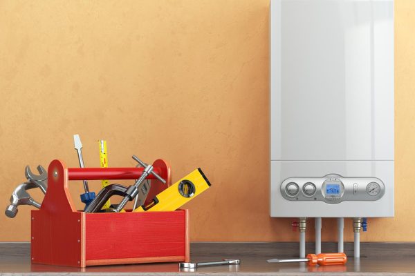 Gas boiler servicing or repearing concept. Toolbox with tools on the kitchen. 3d illustration
